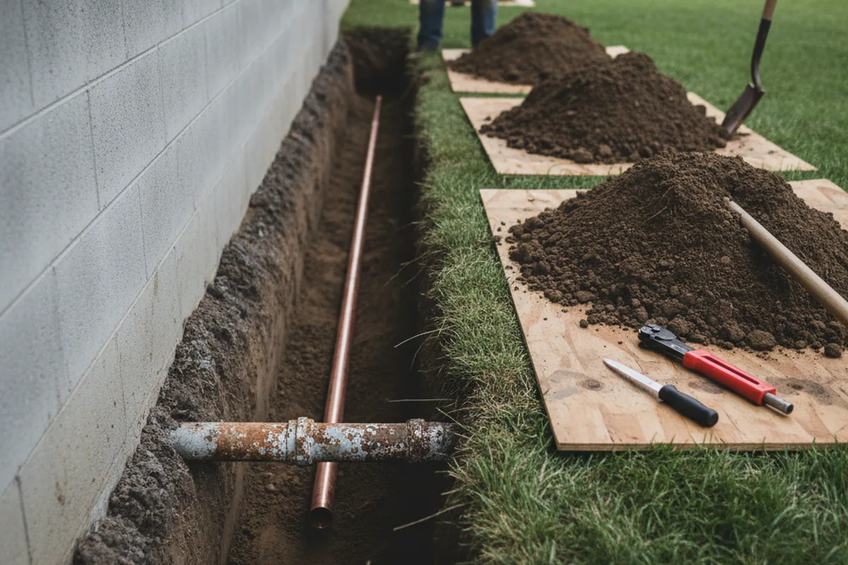Excavated water line trench during Water Softener Installation in Eastland